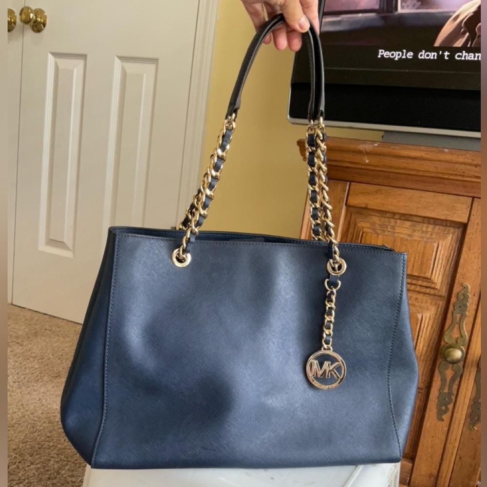 Michael Kors Shoulder Leather Bag, Blue with Gold Hardware